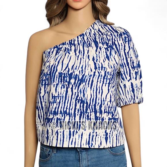 Rails Jayla One Shoulder Puff Sleeve Cobalt Shibori Blue White Top Size M - Picture 3 of 10